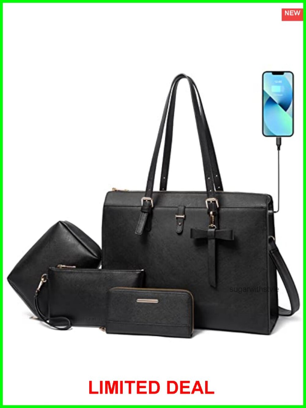 Leather Laptop Tote Bag USB Charging Port Briefcase Shoulder Bag